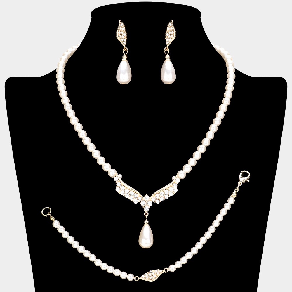 3PCS Gold Crystal Rhinestone Pearl Necklace Jewelry Set